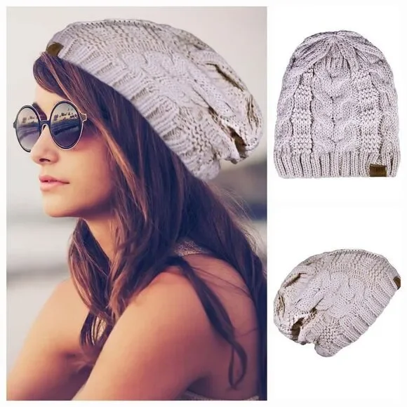 🧚‍♂️NWT Basico Beige & Red Chunky Knit Pair of Unisex Slouchy Beanie Hats - Picture 3 of 12